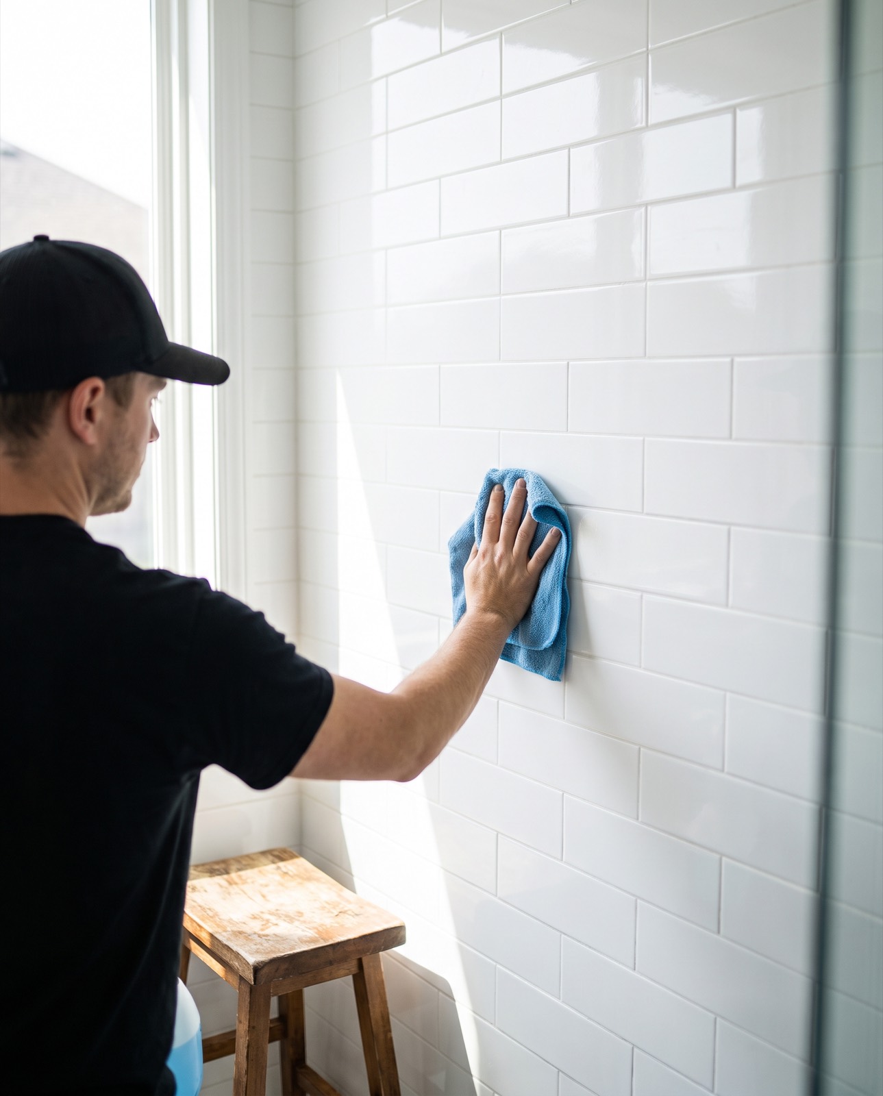 Scrubbora cleaner wiping tile in a bright Victoria BC bathroom